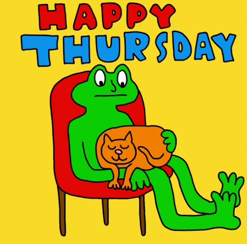 Digital art gif. A frog pets an orange cat that sleeps happily in its lap. On a neon flashing background colorful text reads, "Happy Thursday."