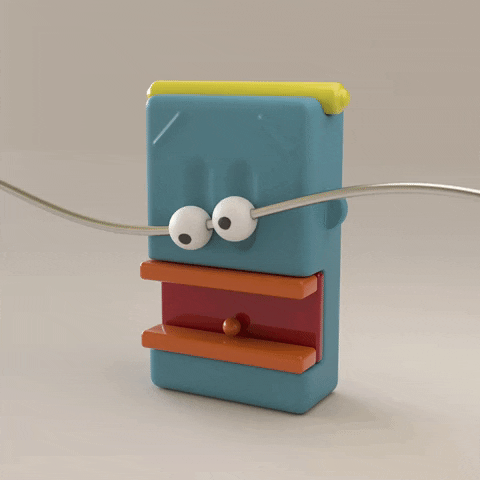 Digital Art gif. Cord with round googly eyes waves up and down, rolling along divots in a sky blue block with a red cutout that looks like mouth and thin yellow cylinder on top that looks like hair, creating a wonky face.