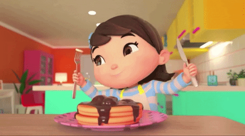 happy, girl, excited, eating, chocolate, yummy, breakfast, pancakes, lbb,  nurseryrhymes, littlebabybum – GIF