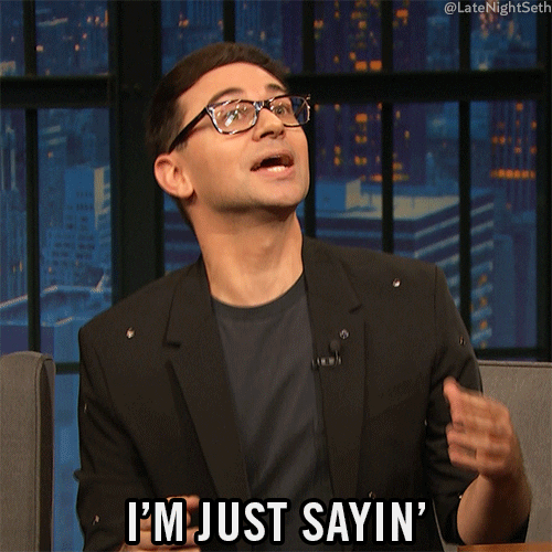 Late Night gif. Christian Siriano turns his head to the side and gestures animatedly as he says, "I'm just sayin'."