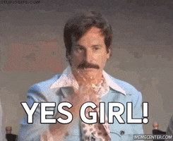 Video gif. A man in a blue jacket and pink scarf, dramatically tosses gold glitter in the air. Text, "Yes girl!"