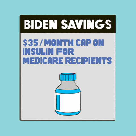 Political gif. One-a-day calendar with the headline "Biden savings," a hand coming and tearing a page away to reveal each subsequent fact. Text, "30% rebate for home energy improvements," "35 dollars per month cap on insulin for Medicare recipients," "Free adult vaccines," "Up to $7500 for electric vehicles" against a blue background.