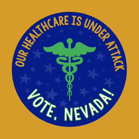 Digital art gif. Blue circular sticker against a mustard yellow background features a green medical symbol of a staff entwined by two serpents, topped with flapping wings and surrounded by light blue dancing stars. Text, “Our healthcare is under attack. Vote, Nevada!”
