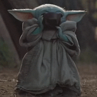 Star Wars gif. A standing Baby Yoda sips from a black mug.