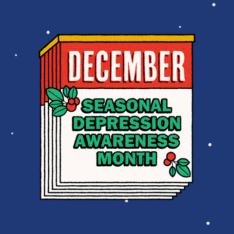 Digital art gif. One-a-day calendar, red and green with holly berries, on a clear night sky peppered with falling snowflakes, gleams, reading, "December," "Seasonal depression awareness month."