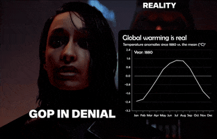 Photo gif. Worried woman labeled “GOP in denial” next to a series of line graphs that show temperatures rising dramatically labeled “Reality.”