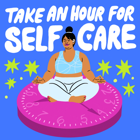 Illustrated gif. A woman sits in the lotus position on a pink clock with a blue background. She closes her eyes and meditates, surrounded by stars. Text, "Take an hour for self-care."