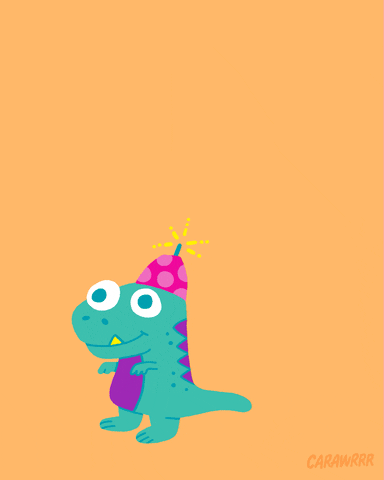 Illustrated gif. Small baby T-rex wears a birthday hat on his head. He jumps up excitedly and the top of the hat goes off like a firework, and confetti shoots out. Text, “Happy New Year!”