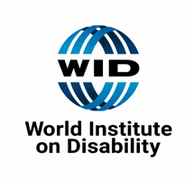 Digital art gif. World Institute On Disability logo, blue bridges forming an abstract globe containing the letters W I D, shakes and rumbles against a white background.