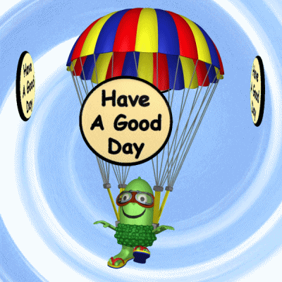 Kreslený pohyblivý gif s žaludem s brýlemi, padákem a nápisy "Have a good Day". 
