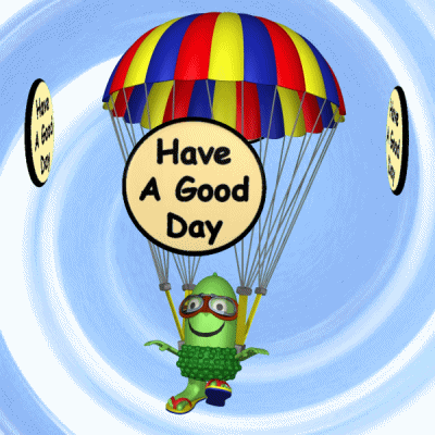Kreslený pohyblivý gif s žaludem s brýlemi, padákem a nápisy "Have a good Day". 