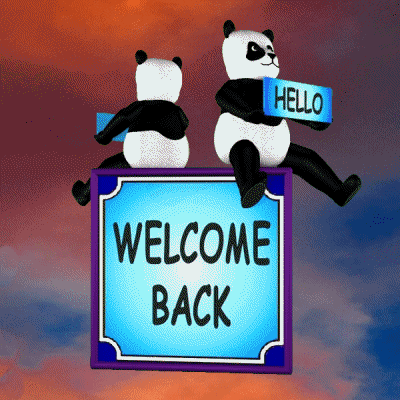 Cartoon gif. Two pandas sit on top of a 3D spinning box, each holding a sign that says "Hello." Each side of the box says "Welcome back." It's like a freaky circus act.