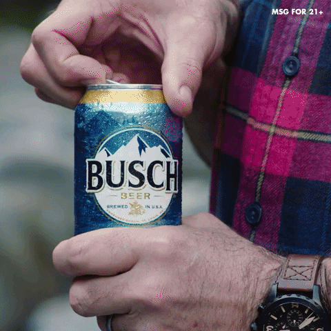 Ad gif. A man's hands pop open a can of Busch beer. An owl, a doe, an eagle, and bear turn their heads in interest.