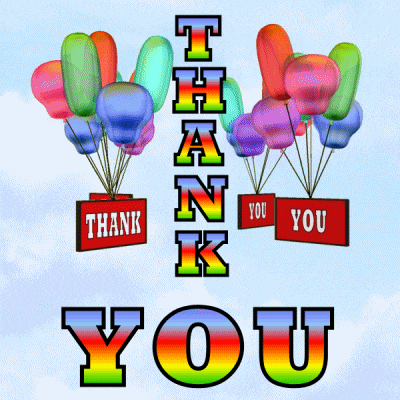 Digital art gif. Balloons holding up the phrase, "Thank you," fly around a bigger thank you.