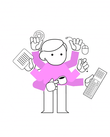 Illustrated gif. Person with six arms, each of them moving at once and holding a donut, piece of paper, mug, mouse, keyboard, and pencil.
