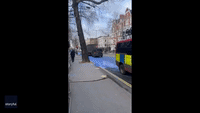 Road Outside Russian Embassy in London Painted in Colors of Ukrainian Flag