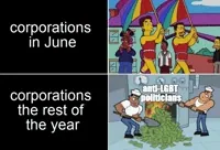 Gif
"Corporations in June" associé au défilé d'une pride
"Corporations the rest af the year" asosocié à deux personnages brûlant de l'argent dans une machine avec le slogan "anti-LGBT politicians"