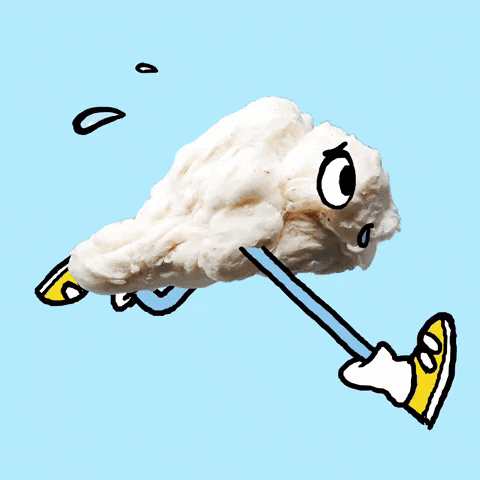 Illustrated gif. A cloud with blue legs and yellow sneakers running fast and sweating, looking worried.