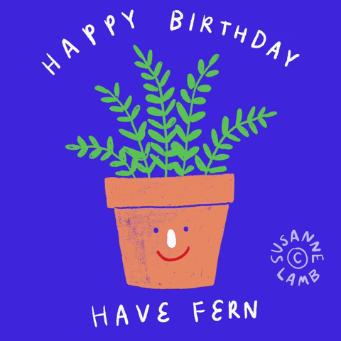 Illustrated gif. A smiley face on the pot of a fern winks at us. Text, "Happy birthday. Have fern."