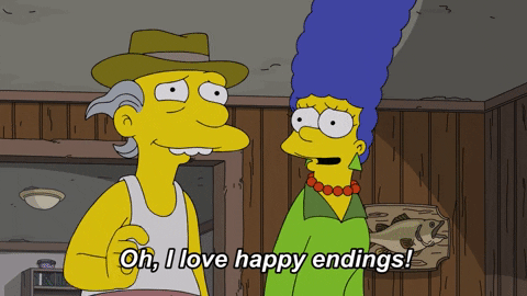 A gif of Marge Simpson saying "oh I love happy endings!"