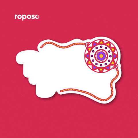 Text gif. Festively decorated on a red backdrop reads the text, “Happy Raksha Bandhan.”