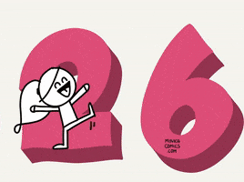 Illustrated gif. Drawing of a woman with a ponytail leaps across a large number 26 that switches between pink, blue, green, yellow, orange, and purple. A large, open-mouthed smile appears across her face. 