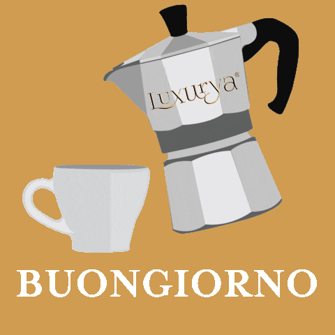 Digital illustration gif. Luxurya stovetop espresso maker rocks back and forth to pour coffee into a clear mug that drains each time. Text, "Buongiorno."