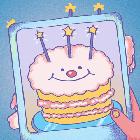 Digital illustration gif. Person's hand holds up a recipe card with a smiling three-layered cake with a smiley face on top and three lit candles. The person pulls the card away to reveal a melting cake with candles falling and a poorly drawn face that looks a bit unsure. 