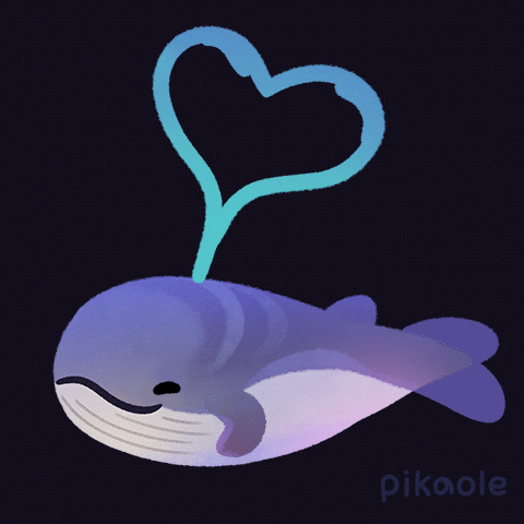 Illustrated gif. Small humpback whale bounces up and down while smiling. It squeezes out a heart shaped spout of water from its blowhole.