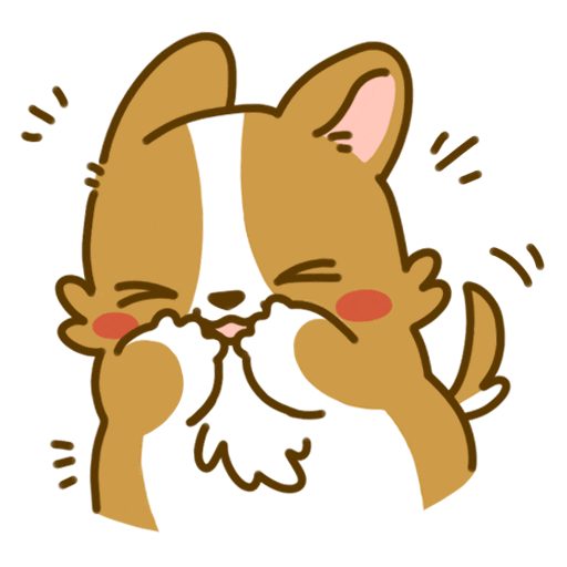 Kawaii gif. An adorable Corgi puts their paws up to their snout and giggles into their paws. Their whole body quivers with delight and their cheeks are blushing.