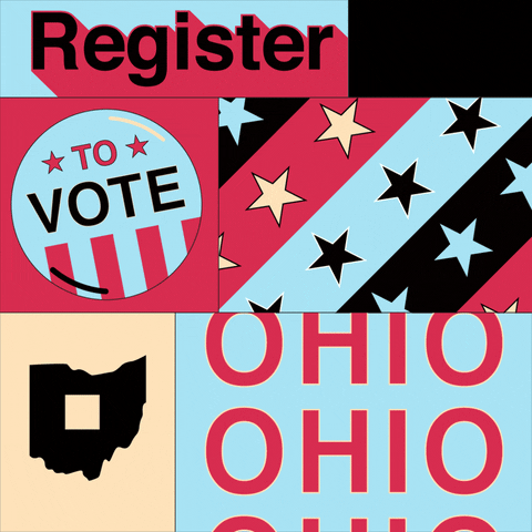 Digital art gif. Collage of boxes features the shape of Ohio with a box being checked, several colorful stripes filled with stars, and a “Vote” button that dances back and forth. Text, “Register to vote Ohio.”
