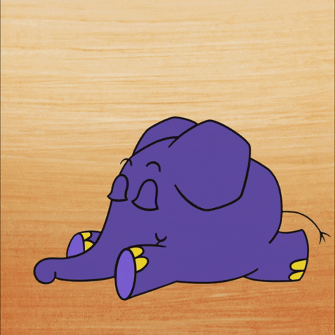 Cartoon gif. A purple elephant sleeps peacefully on its belly with all four legs and trunk stretched out on the ground, taking long heavy breaths as Z's fly out from its trunk.