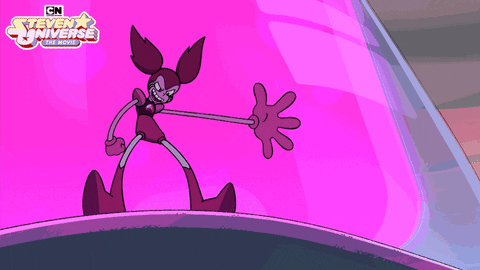 Animated cartoon character peering closely at something through a magnifying glass