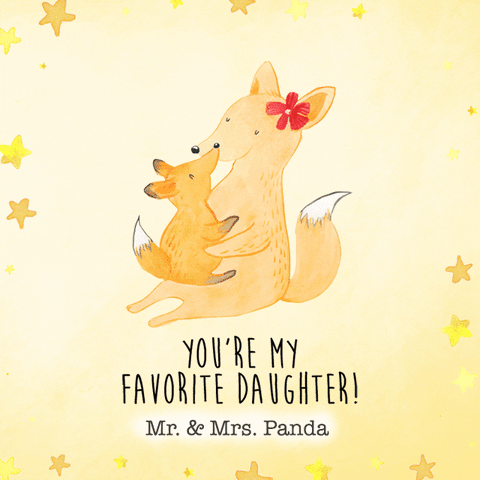 Kreslená pohyblivá animace s liškou mámou, držící mládě lišky s anglickým nápisem "You´re my favorite daughter!"