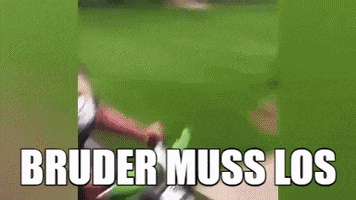 Video gif. Woman rides on a motorbike. She tries to stop it with her legs and accidentally drives straight into a big bush. Text, “Bruder muss los.”