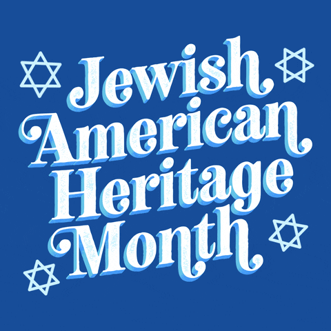 Digital art gif. In pretty white font, the phrase "Jewish American Heritage Month" pulses in front of us, surrounded by Stars of David and against a light blue background.