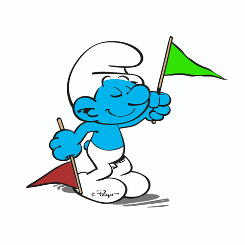 Cartoon gif. Smurf nods slowly with eyes closed, raising a green pennant flag with one hand and holding a red pennant with the other.