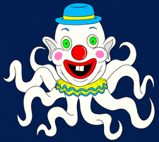 Cartoon gif. Creepy clown head with tentacles has bright green eyes that roll in opposite directions, vibrant red nose, a mouth that appears to laugh maniacally, and a blue hat with a yellow band.
