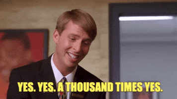TV gif. Jack McBrayer as Kenneth Parcell of 30 Rock enthusiastically nods yes and says "Yes, yes, a thousand times yes!"