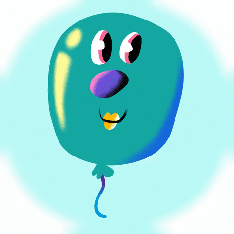 Digital illustration gif. Teal and blue balloon with a smiley face floats in the air and then explodes to transform into text that says, "Happy B-Day."