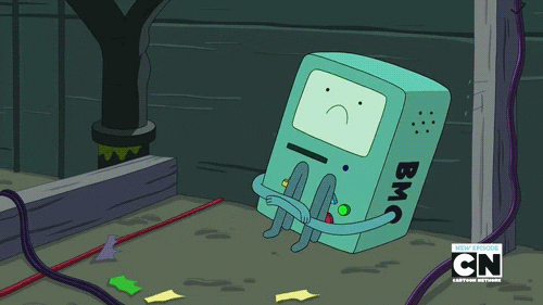 BMO character from Adventure Time, swinging and worrying.