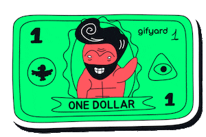 Digital art gif. A dollar bill has a shirtless, muscular man with a black beard and pompadour waving at us and flashing a toothy smile from the center. His unibrow raises.   