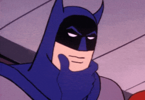 Cartoon gif. Batman from the old cartoon rubs his chin and squints his eyes as he thinks hard.