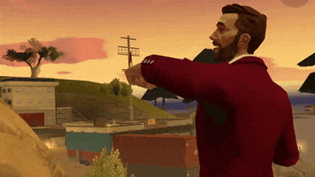 Videogame gif. From Gangstar New Orleans, man in a red suit jacket stands overlooking an industrial scene with his back to us at a three-quarter view, smiling while reaching back to give a thumbs up.