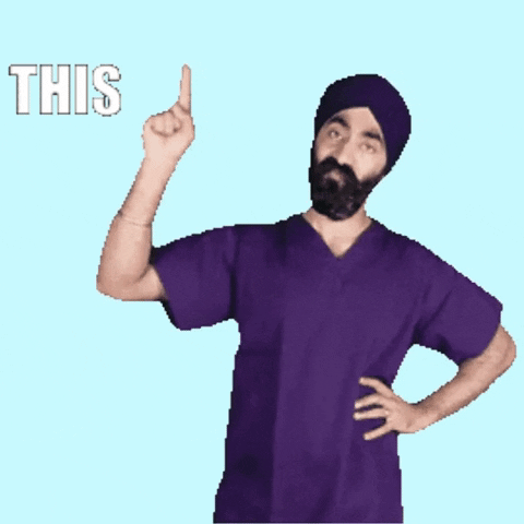 Video gif. Dr. Jaz Gulati the dentist points up and nods to us seriously, before looking up to where he's pointing. Text, "This."