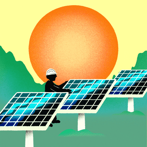 Digital art gif. Illustration of a person in a hard hat adjusting one of a row of three solar panels against a bright orange sun. Text appears that reads, "We can create millions of clean energy jobs."