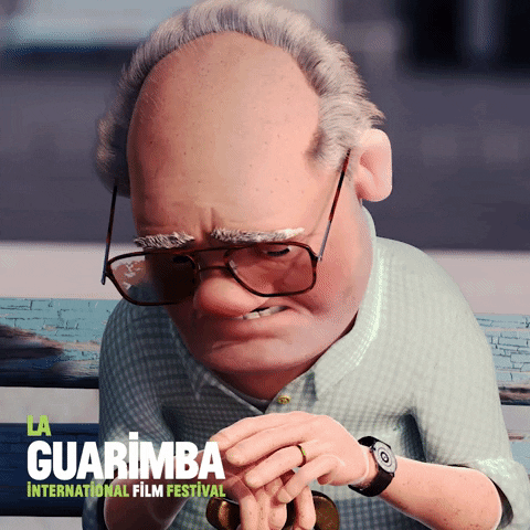 Digital art gif. An old man sits on a bench outside. He leans over with his hands over his cane. His head hangs in shame and he looks up with a guilty expression on his face.
