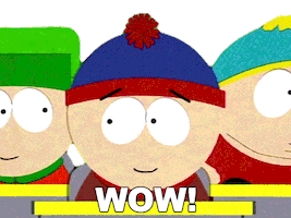 South Park gif. Stan looks happy and impressed as he says, "Wow!" while looking to the side.