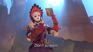 Video game gif. Clip shows a blonde character from "Overwatch" wearing a red hood and purple dress looks at a photo she's holding in her hands then lights it with a match. Text, "Don't scream."