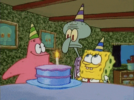 SpongeBob SquarePants gif. With a birthday cake, pin-the-tail-on-the-seahorse game, and presents, SpongeBob and Patrick celebrate Squidward, who appears bored and annoyed.